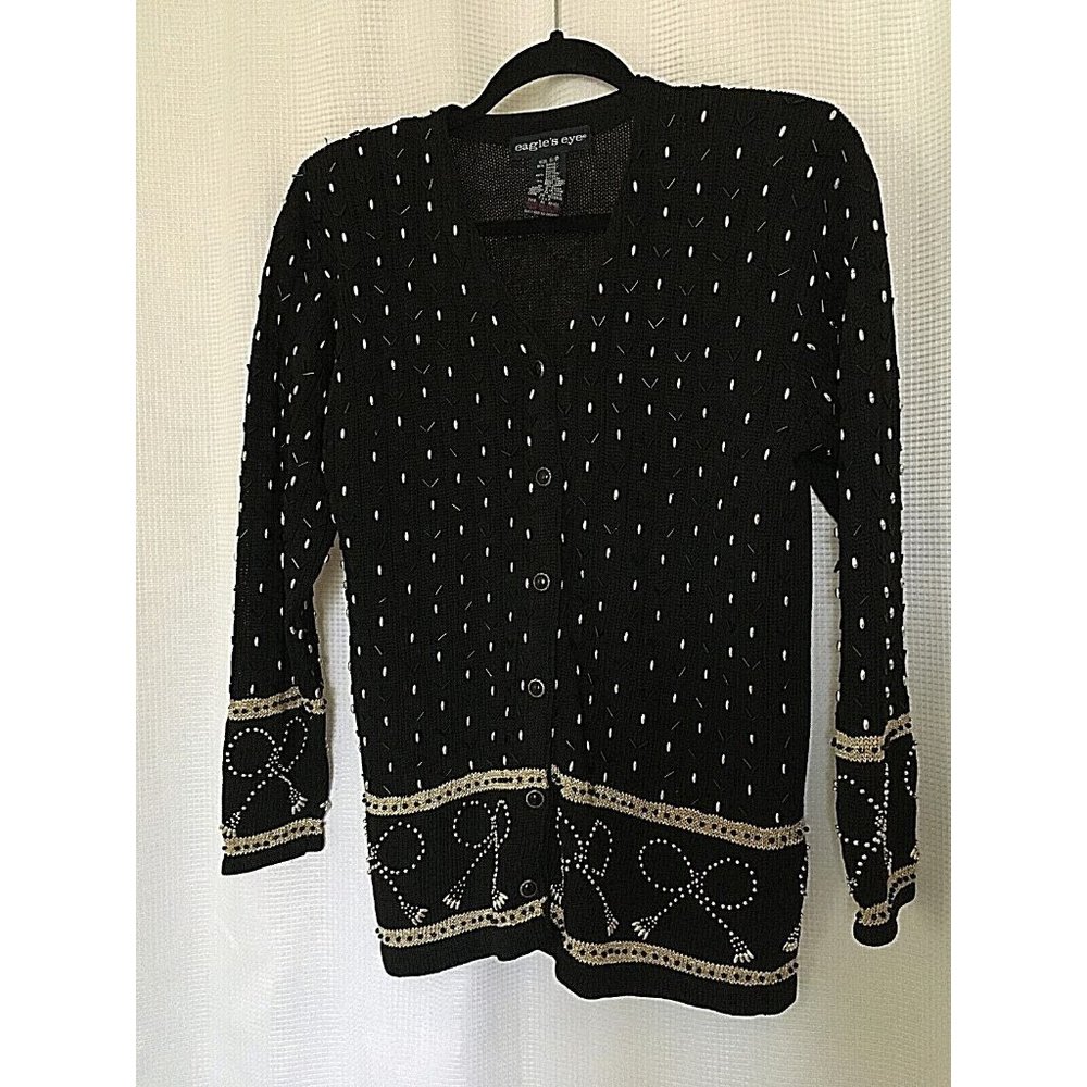 Vintage Eagle's Eye Black Knit Cardigan Women"s size Small Gold Bead Sequin SW2